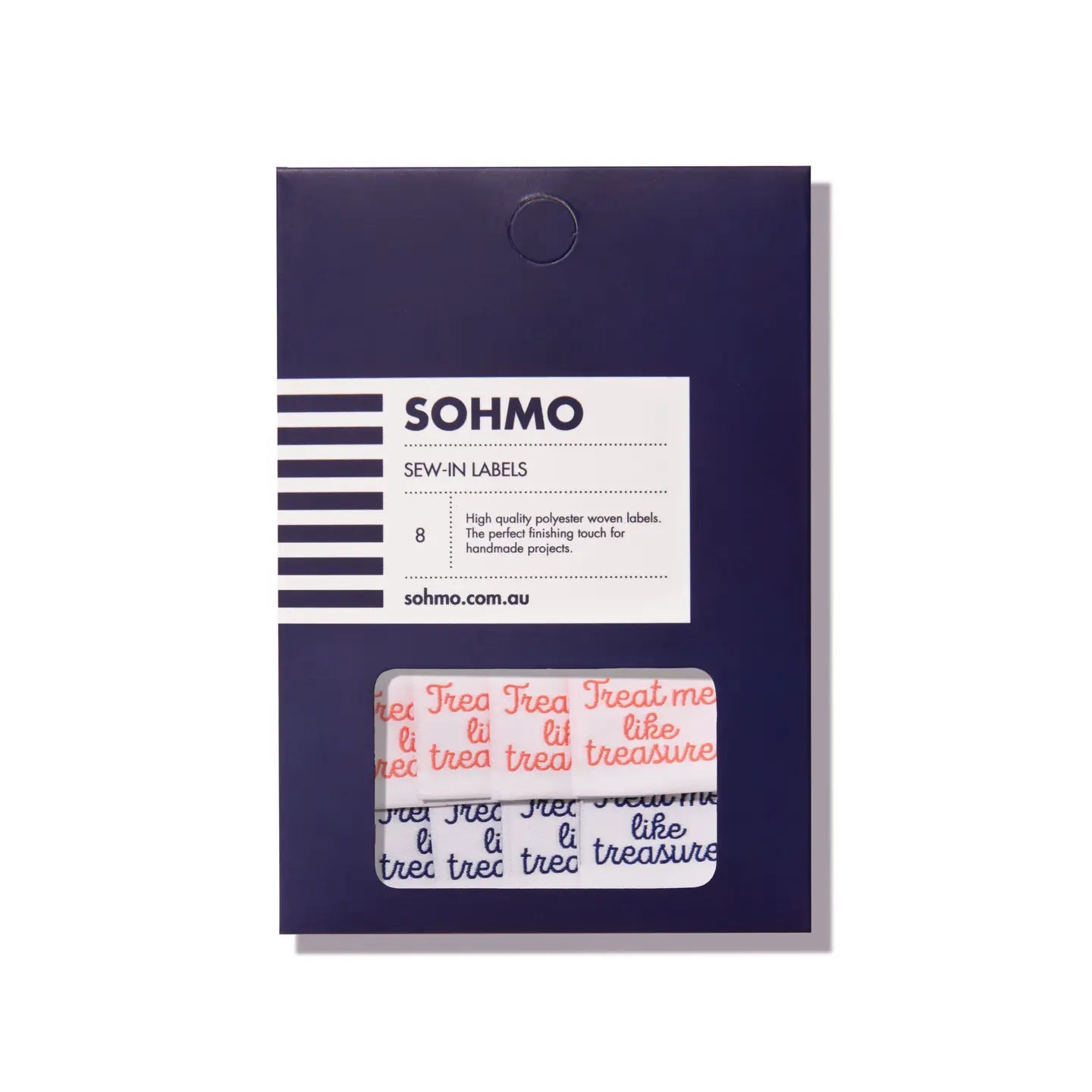 SOHMO "Treat Me Like Treasure" Sew-in Labels - Navy & Coral, Pack of 8
